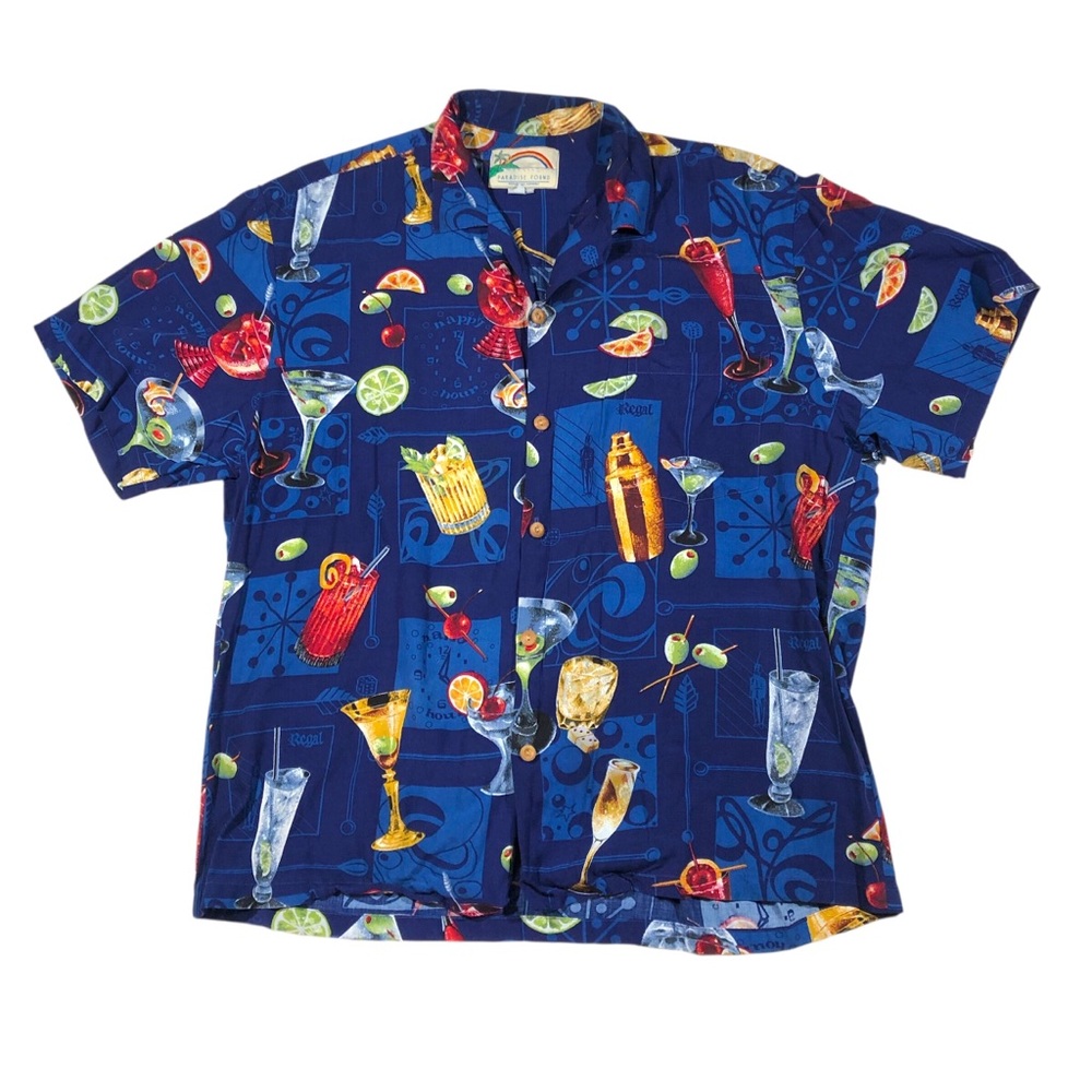 Vintage Paradise Found Hawaiian Button Down Shirt Martini Cocktails Drinks Large